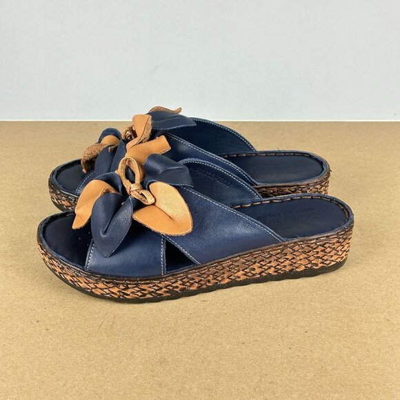 Spring Step Hilary Leather Sandals Womens 6.5/7 EU 37 Blue Tan Floral Wedge - Picture 1 of 11